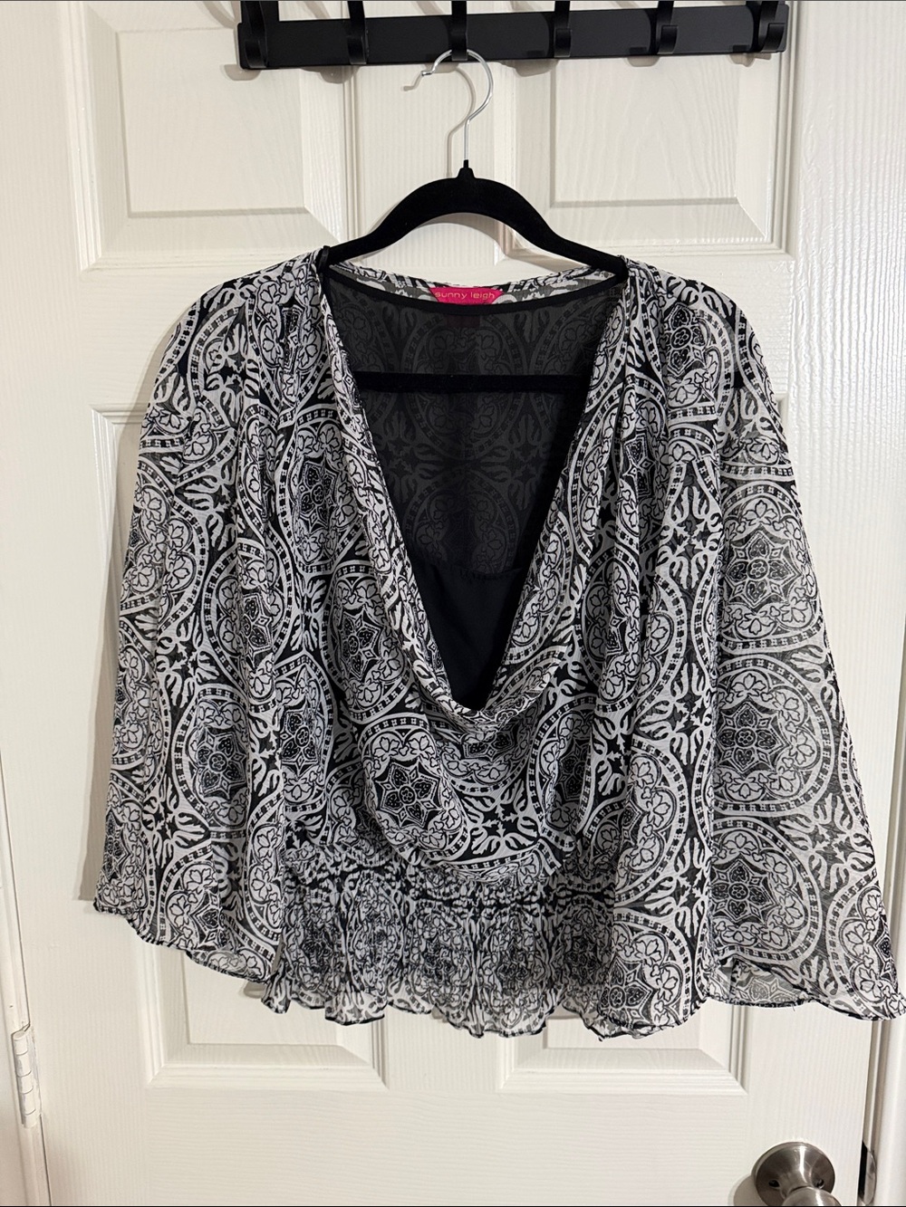 Sunny Leigh Black & White Medallion Chiffon Cowl-Neck Top